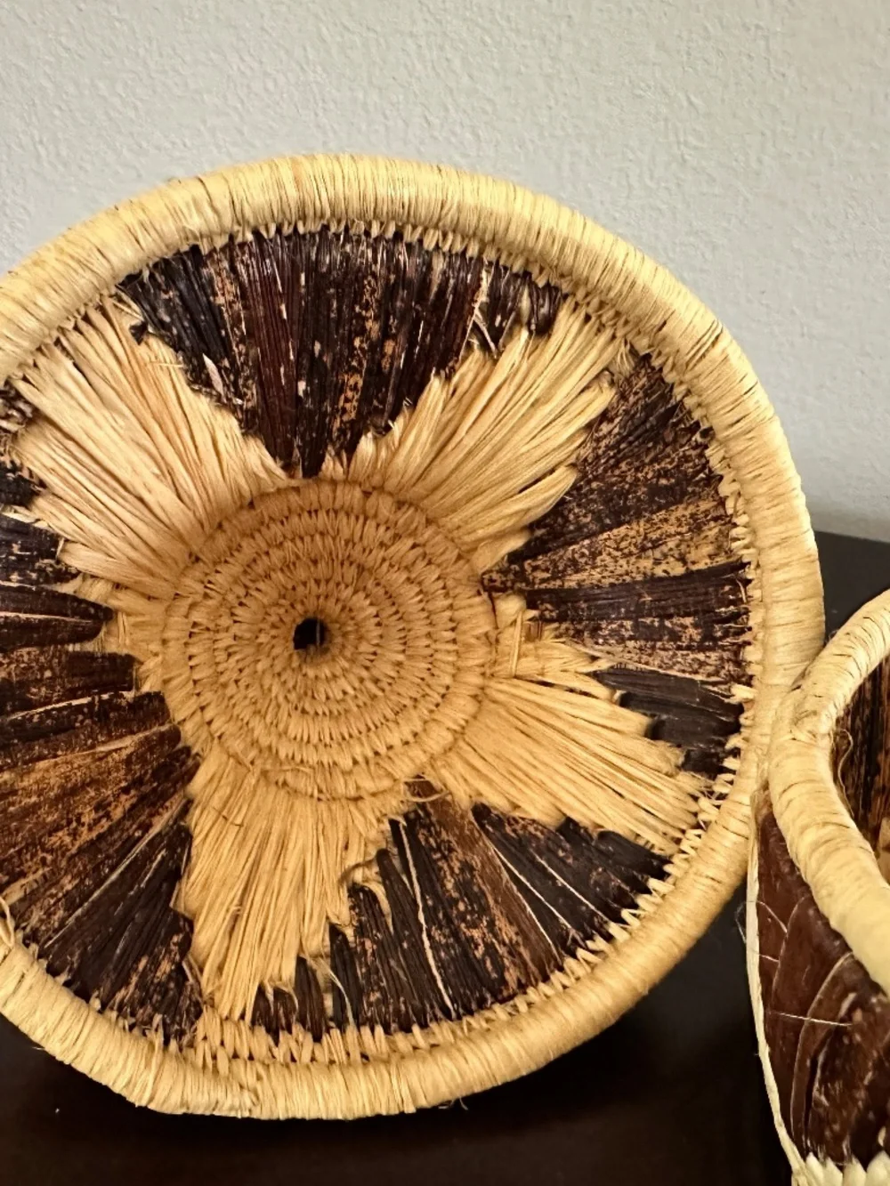 Vintage Coiled Lidded Handwoven Raffia Basket African Tribal 6” Decorative